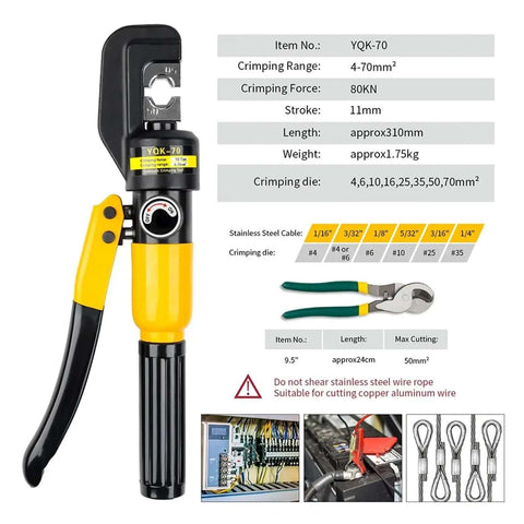 Hydraulic Crimp Tool 5 To 8 Ton Pliers For Cable Lug Crimping 4 To 70 Mm2 DIY Home Use with safety features and crimping specs.