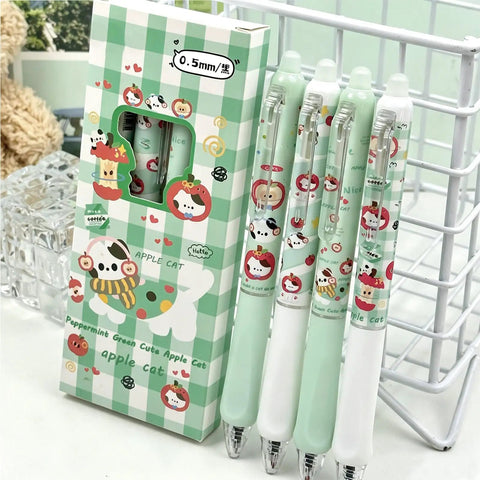 Four Piece Erasable Gel Pens With Retractable Cat Cartoons 0.5mm Black Ink Green Cat Pattern Cute Kawaii Style Writing Pens