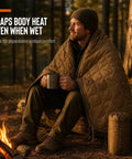 Man using Woobie Blanket Insulated Water Resistant Poncho Liner For Cold Weather Camping And Outdoor Adventures Multi Use Weather Gear