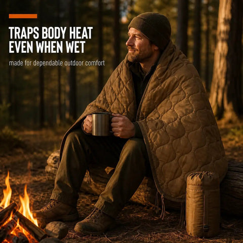 Man using Woobie Blanket Insulated Water Resistant Poncho Liner For Cold Weather Camping And Outdoor Adventures Multi Use Weather Gear