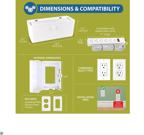Diagram showing dimensions and compatibility of Baby Safe Power Strip Cover And Outlet Box Bundle For Floor Or Wall Mount Keeps Kiddo Hands Safe From Cords, Easy Install, White Safety Box And Cover Set For Home, Nursery And Apartment.