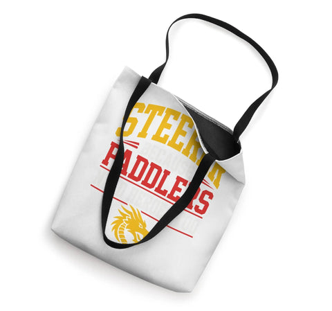 White Steersmen Dragon Boat Tote Bag For Paddlers And Crew with black handles, featuring a yellow and red design