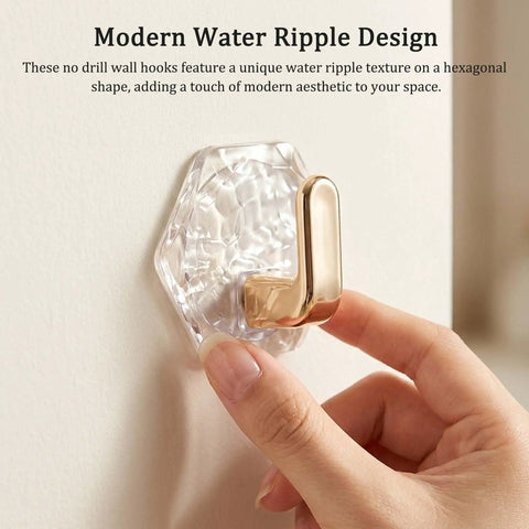 Pack Of 8 Hexagonal Water Ripple Self Adhesive Wall Hooks Silver No Drill Heavy Duty Storage Snag Your Gear Simple Peel Mount Bathroom Kitchen Towel Robe Coats Holders, close-up showing modern design.