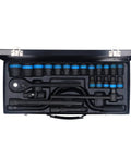 HFLubynox CRV 35K Steel Metric Socket Set With 24 Pieces Ranging From 8 To 32mm Includes Quick Release Reversible Ratchet And Extension for garage repairs, open case