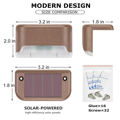 Dimensions of Solar Deck Lights Outdoor 16 Pack Lit Warm White LED Step Lights with screws and glue visible