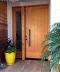 Front view of 24 Inch Back To Back Modern Stainless Steel Door Handle Set in Matte Black Finish on wooden exterior door