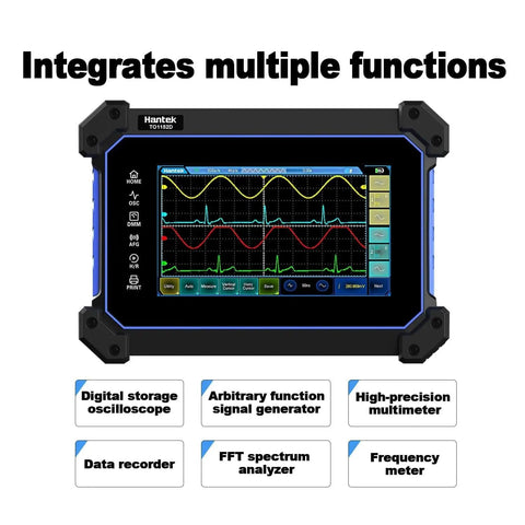 TO1112D Touch Screen Tablet Oscilloscope With Two Channel Handheld Digital Scope showing multiple integrated functions