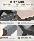 Close-up of Dope Hexagon Room Divider Shelf features: powder coated steel frame, wood grain panels, rounded edges, smooth joints.