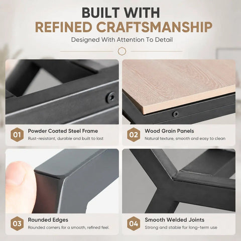 Close-up of Dope Hexagon Room Divider Shelf features: powder coated steel frame, wood grain panels, rounded edges, smooth joints.