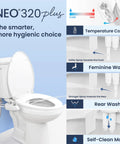Diagram of warm water dual nozzle non electric bidet attachment for toilet seat with 360 self clean and EZ lift features
