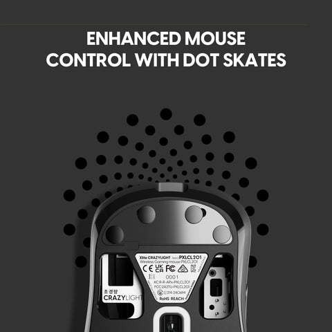 Underside view of Featherweight Optical Gaming Mouse with dot skates for enhanced control and tracking performance.