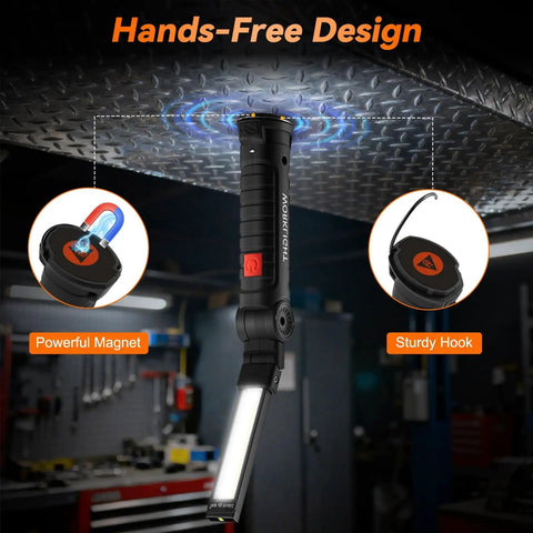 Six Pack Magnetic LED Work Lights With 360 Degree Rotating Heads, Rechargeable Mechanics Light With Five Modes hanging from a metal surface.