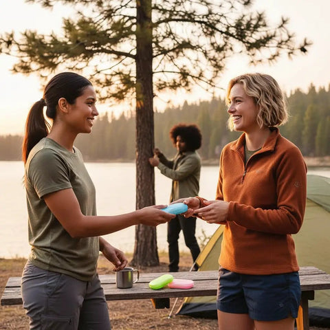 Two people using Grab and Go Disposable Soap Sheets Set, 5 Boxes on a camping trip by a lake