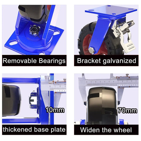 Heavy Duty Swivel Casters With Brakes Four Pack two fixed plus two swivel solid rubber wheels with removable bearings and galvanized bracket