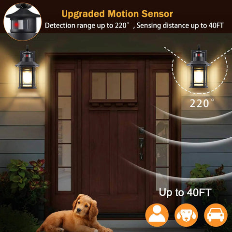 Three Motion Sensor Outdoor Lights With Dusk To Dawn Function, Matte Black Exterior Wall Mount Lamps illuminating a porch