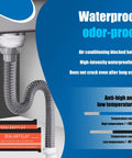 Image showing All In One White Seal Putty For Quick Mending And Waterproof Sealing That Blocks Odors And Drafts Great For Air Conditioning Gaps Ducts Pipes Drains And Plumbing Repairs. Visible packaging and sealed pipe connection under sink. Features waterproof and odor-proof text.