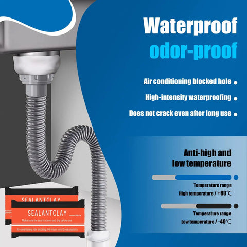 Image showing All In One White Seal Putty For Quick Mending And Waterproof Sealing That Blocks Odors And Drafts Great For Air Conditioning Gaps Ducts Pipes Drains And Plumbing Repairs. Visible packaging and sealed pipe connection under sink. Features waterproof and odor-proof text.