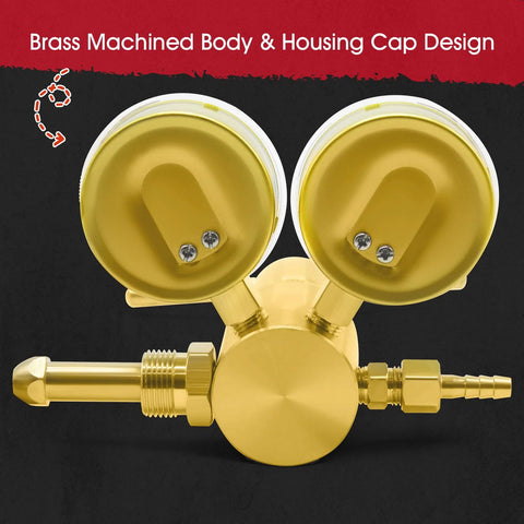 Front view of brass high-pressure nitrogen regulator with dual 2.5-inch gauge housings and inlet/outlet fittings