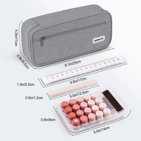 Go To Large Capacity Canvas Pencil Case With Zipper For Women And Men Big Storage Pencil Pouch holds 80 pencils, light grey, with ruler and calculator layout scalable measurements displayed.
