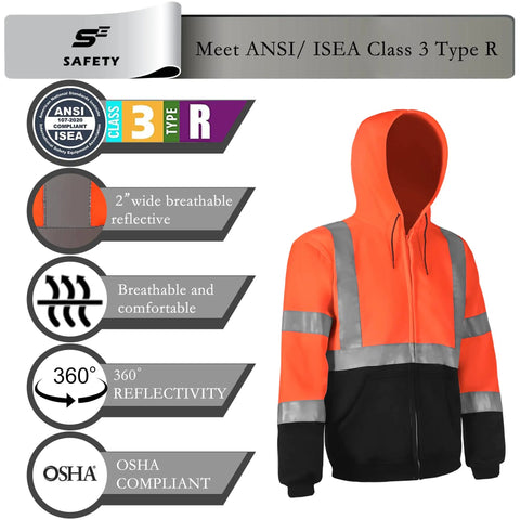 High Visibility Class 3 Reflective Zippered Hooded Safety Sweatshirt For Men With Padded Lining Stain Resistant Fabric Black Hem