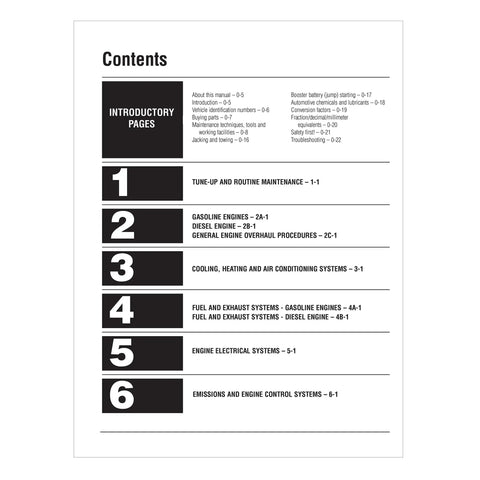 Contents page of Ford Super Duty F-250 F-350 Pickups and Excursion 1999-2010 Repair Manual for US and Canadian Models With Step-By-Step Procedures, Wiring Diagrams, Diagnostic Charts, and DIY Friendly Total Car Care Maintenance Guide