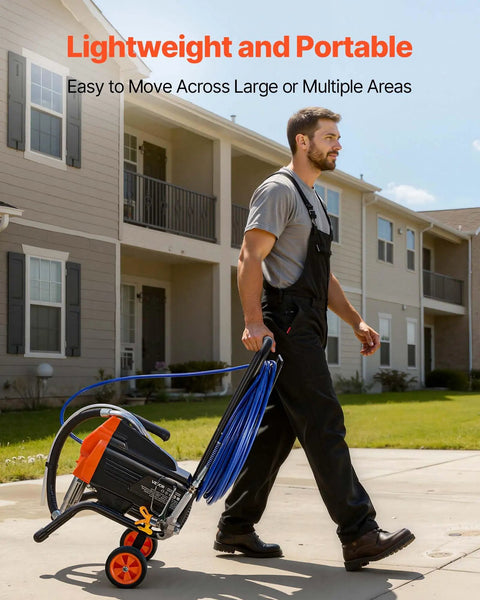 Pro Level Stand Airless Paint Sprayer With Sturdy Rolling Cart 1500W Motor in use, easily wheeled across outdoor areas.