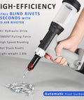 Heavy Duty Pneumatic Air Rivet Gun And Hydraulic Riveter With Self Suction Auto Feed For One Handed Operation and Fast Pop Rivet Pulling On Steel And Aluminum Projects in hand, showing auto rivet suction feature.