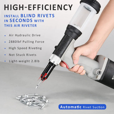 Heavy Duty Pneumatic Air Rivet Gun And Hydraulic Riveter With Self Suction Auto Feed For One Handed Operation and Fast Pop Rivet Pulling On Steel And Aluminum Projects in hand, showing auto rivet suction feature.
