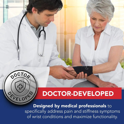 Doctor fitting a wrist brace for carpal tunnel relief and tendonitis on elderly woman's wrist.
