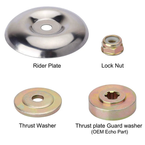 Trimmer Blade Adapter Kit With 6 Steel Razors, shown with thrust plate, guard washer, thrust washer, rider plate, lock nut