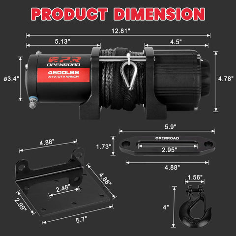 4500 Lb ATV UTV Winch Kit With 50 Foot Synthetic Rope Wireless Remote And 12V Motor Beefy Heavy Duty Off Road Tow Winch For Mud Sand Rocks And Tough Trail Recovery, dimensions shown