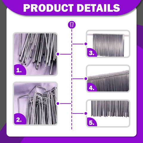 U-Shaped Landscape Stakes and Plastic Fixing Gasket Kit 201-Piece includes metal stakes and plastic gaskets in close-up view