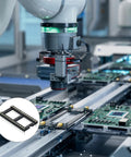 Robotic assembly line with 2.54mm Pitch DIP IC Socket Connector, 28 Pins, Dual Row, 15.2mm Row Pitch showcased in circle inset.