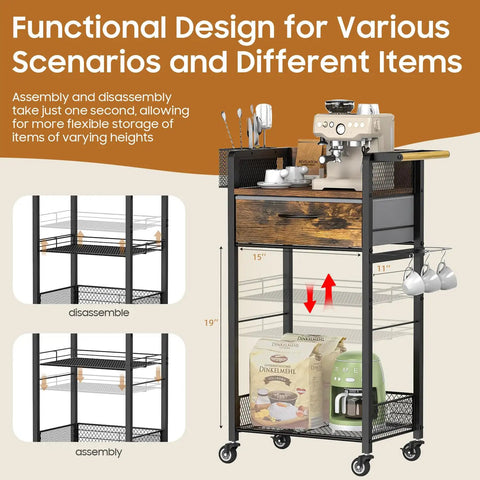Four Tier Rolling Coffee Cart With Flexible Removable Shelves And Smooth Gliding Wheels, showcasing adjustable shelves for versatile storage.
