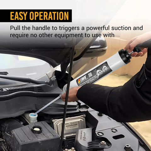 500cc Fluid Extractor Syringe With Hose Manual Oil Suction Pump For Transmission Differential Power Steering And Brake Fluid Clean Swap No Mess Grease Monkey Approved in use under hood of car.