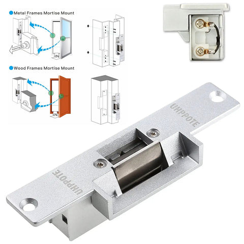 Heavy Duty Electric Door Strike Lock Fail Secure 12Vdc Access Control Setup For Warehouses showing zinc alloy latch and installation diagrams.