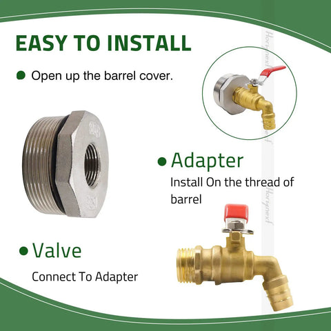 55 Gallon Drum Spigot With EPDM Gasket For Oil Water Rain Barrels, Heavy Duty Brass And Stainless Steel 304 Valve Kit, Easy Install, Three Quarter Inch NPT Inlet, Direct Thread Stainless Adapter Included, Durable Seal adapter and valve shown