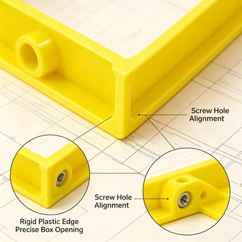 Close-up of Single Gang Outlet Box Extender One Quarter Inch Snap On Wall Plate Gap Filler showing rigid plastic edges and screw hole alignment.