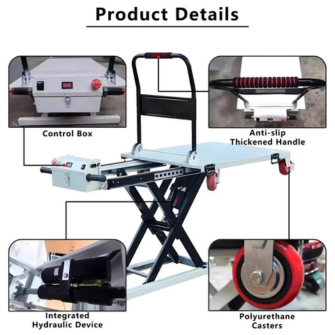 No Sweat Hydraulic Scissor Lift Platform And Portable Flatbed Dolly with control box and anti-slip handle details.