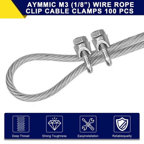 Image showing 100 Pcs M3 Wire Rope Clip Clamps One Eighth Inch Galvanized U Bolt Saddle Fasteners securing cable with two clips.