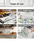 Cozy Fall Thanksgiving Dish Drying Mat For Kitchen Counter 18 By 24 Inches Sage Green Pumpkin Blue Eucalyptus Leaves design