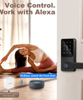 Fingerprint Keyless Entry Door Lock with reversible handle and touchscreen keypad, smart lock app control, shown with Alexa device