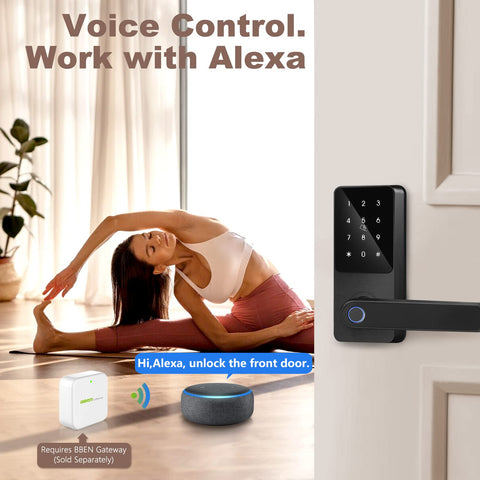 Fingerprint Keyless Entry Door Lock with reversible handle and touchscreen keypad, smart lock app control, shown with Alexa device