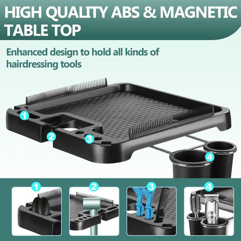 Mobile Salon Rolling Tray Cart With Height Adjustable Stand And Large Magnetic Hair Tool Storage Platform Easy Glide Hairdressing Trolley On Wheels Black - magnetic tray detail with tool slots