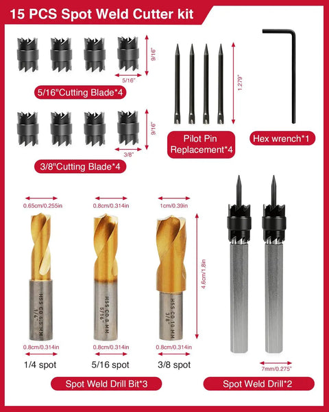 15-piece spot weld cutter kit with double-sided bits, titanium-coated cobalt drills, replacements, and hex wrench.