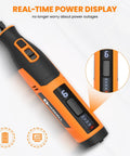 Killer Cordless Rotary Tool Kit Packing Eighty Heavy Duty Bits For Carving Grinding Sanding And Etching At Blazing Speeds Up To Twenty Eight Thousand Rpm, showing the power display with battery status.