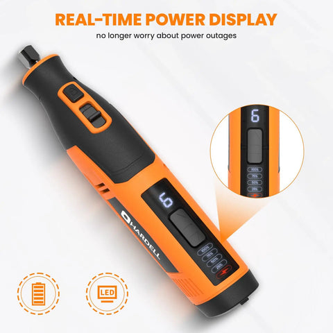 Killer Cordless Rotary Tool Kit Packing Eighty Heavy Duty Bits For Carving Grinding Sanding And Etching At Blazing Speeds Up To Twenty Eight Thousand Rpm, showing the power display with battery status.