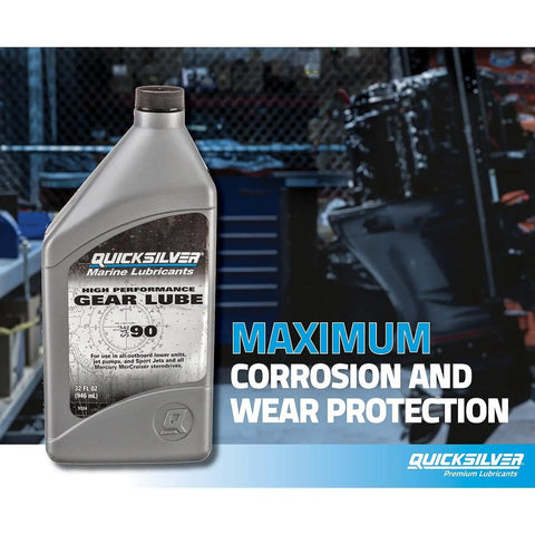 32 oz bottle of SAE 90 High Performance Gear Lube for outboard units, featuring corrosion and wear protection label