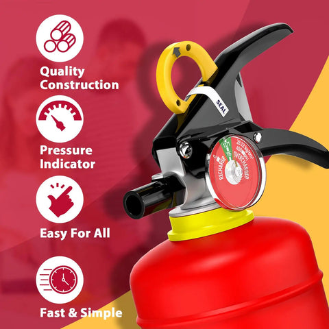 Close-up of ABC Dry Chemical Fire Extinguisher 5 Lb For Home Office And Car 2-A:10-B:C Rated Quick Release Easy Grip Handle