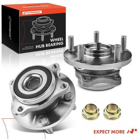 Twin Pack Wheel Bearing And Hub Assembly 5 Lug Compatible With Subaru Outback Legacy Forester Impreza Ascent WRX STI WRX Tribeca Replacement Front And Rear Hubs For 2004 Through 2021 Models, showing two assemblies and packaging